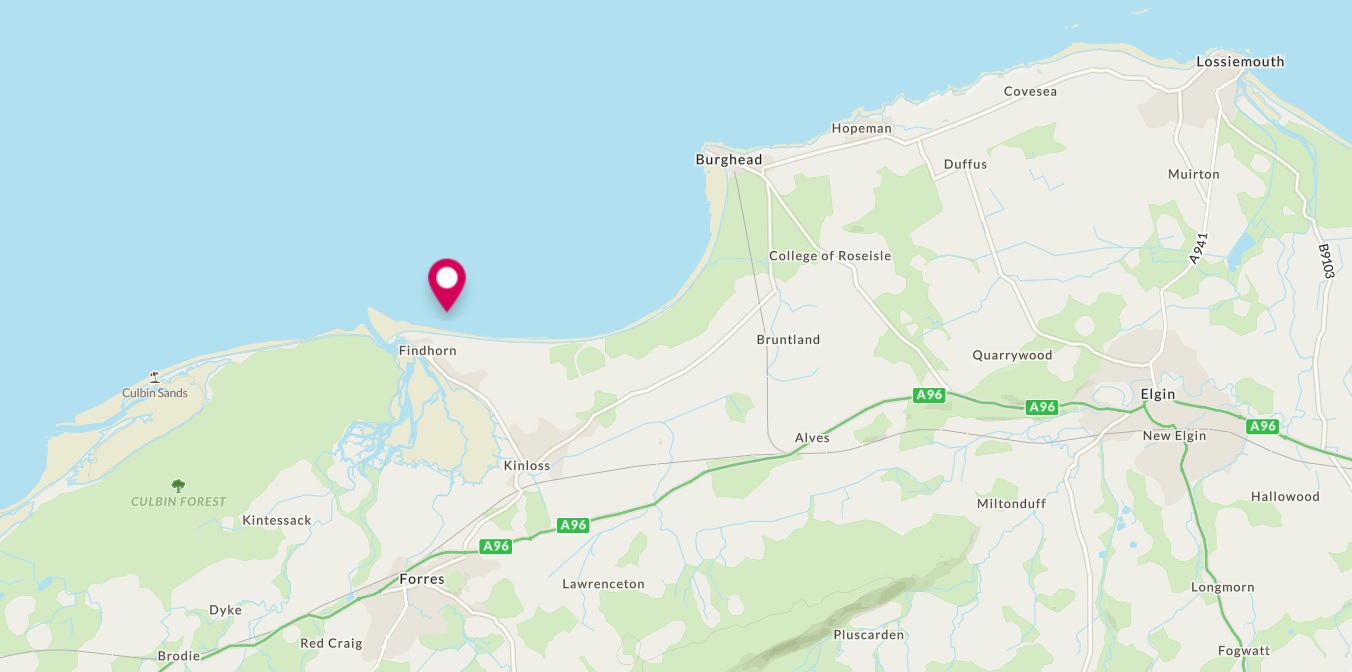 Map of the Forres, Kinloss and Findhorn area, with the approximate findspot of the Kinloss Stone indicated with a pin.