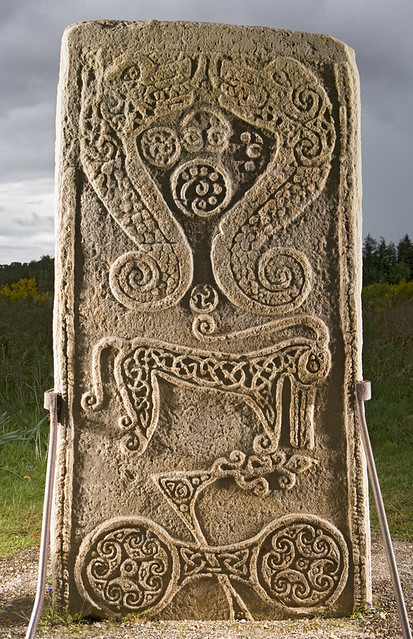 Reverse face of Rodney's Stone with Pictish symbols carved in high relief: a pair of hippocamps (not usually classed as part of the Pictish symbol canon), a “Pictish beast”, and a double-disc and Z-rod.