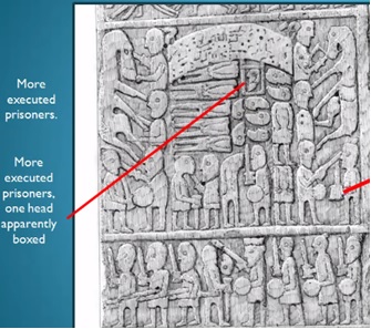 Drawing of Sueno’s Stone panel showing decapitated bodies and severed heads, with one head in a frame.