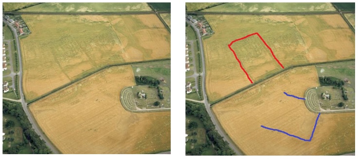 Aerial photograph of cropmarks in parched yellow fields surrounding Kinloss Abbey