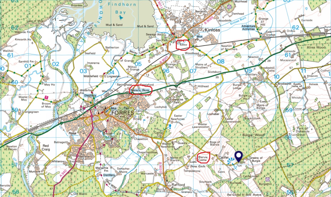 Map of the Forres area showing the locations of Kinloss Abbey, Sueno's Stone and Blervie to the east and south of the modern town