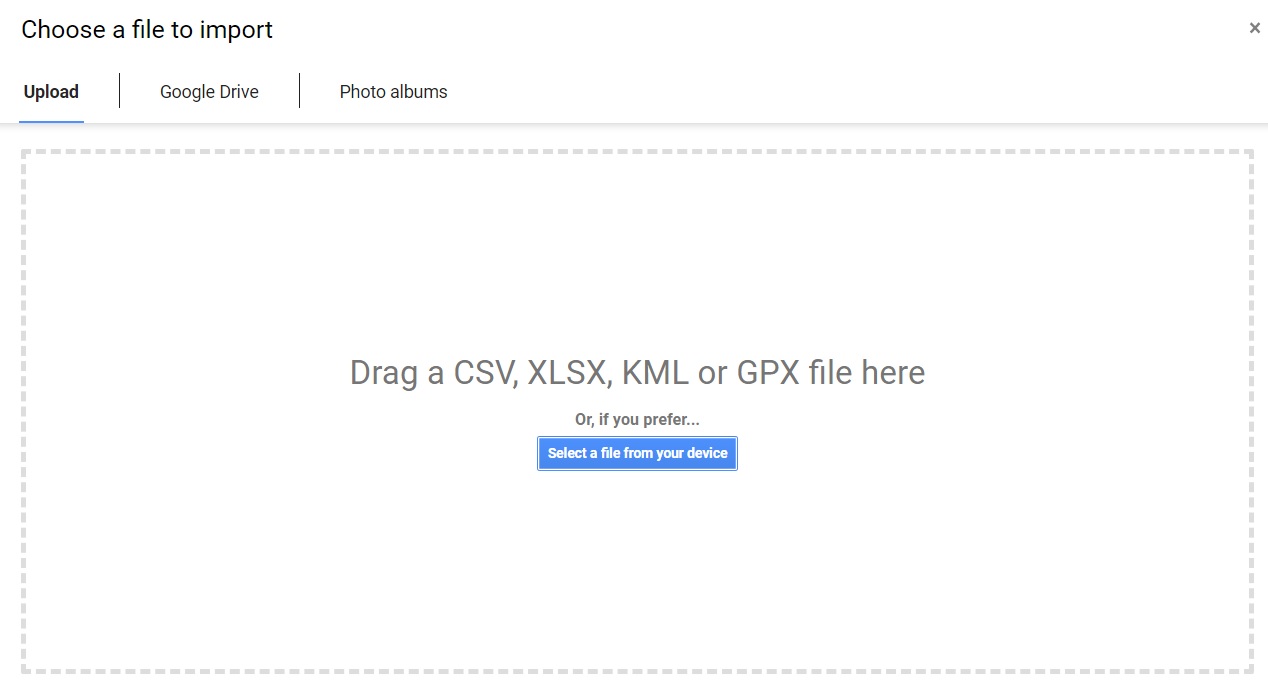 Screenshot from Google My Maps showing how to bring the spreadsheet into the mapping tool