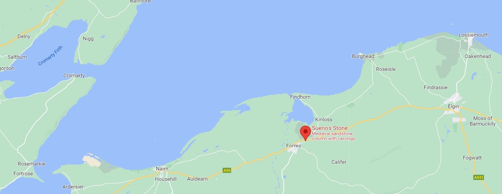 Map showing the location of Sueno's Stone in Forres, Moray, Scotland, close to the Moray Firth.