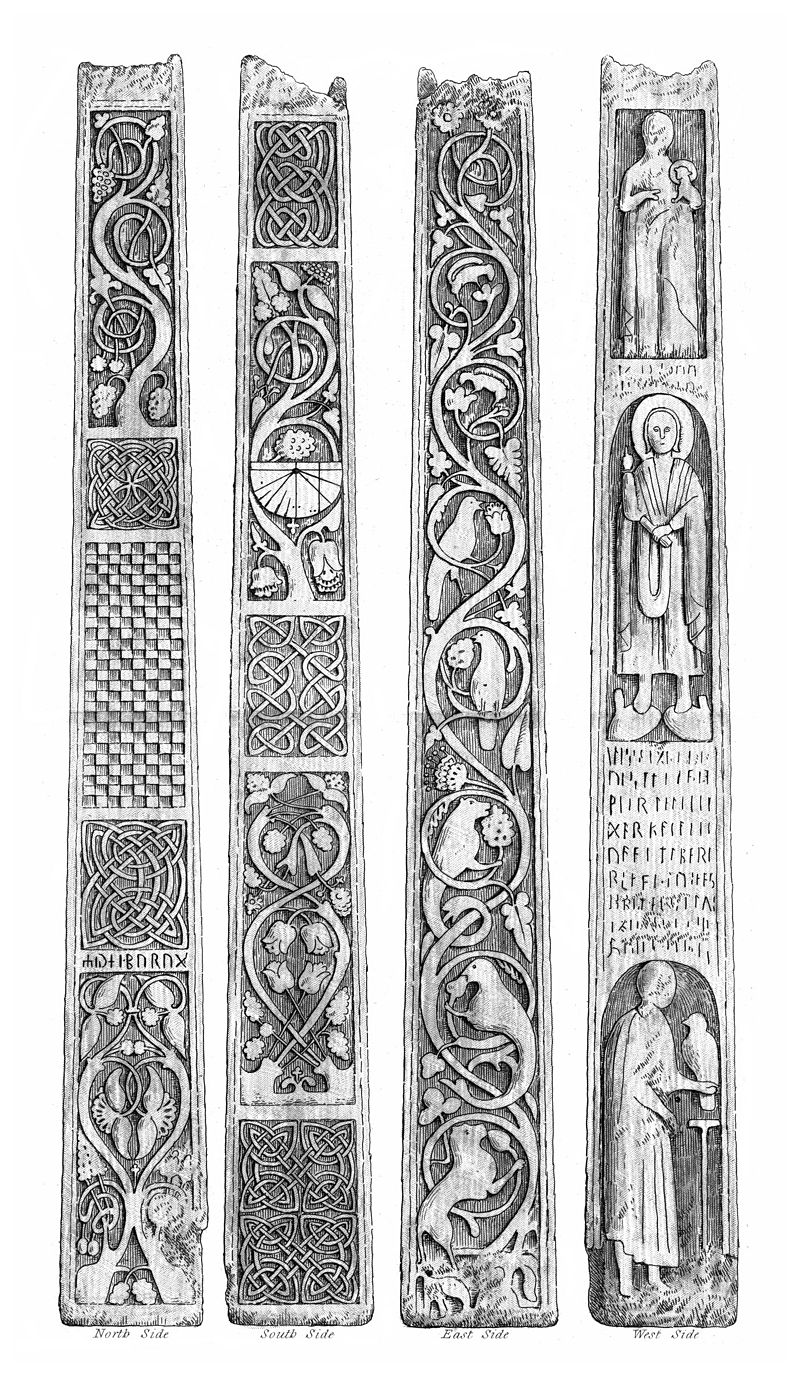 The four carved faces of the Bewcastle cross-shaft, featuring vine scroll motifs with birds and animals, geometric and interlace patterns, Christian ecclesiastical figures and a runic inscription