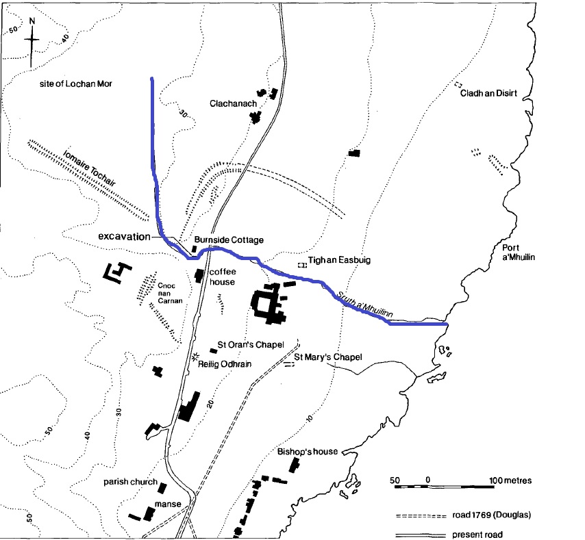 Map of Iona showing the mill stream and the site of the 1991 excavation at Burnside Cottage, just on the edge of the monastic vallum.