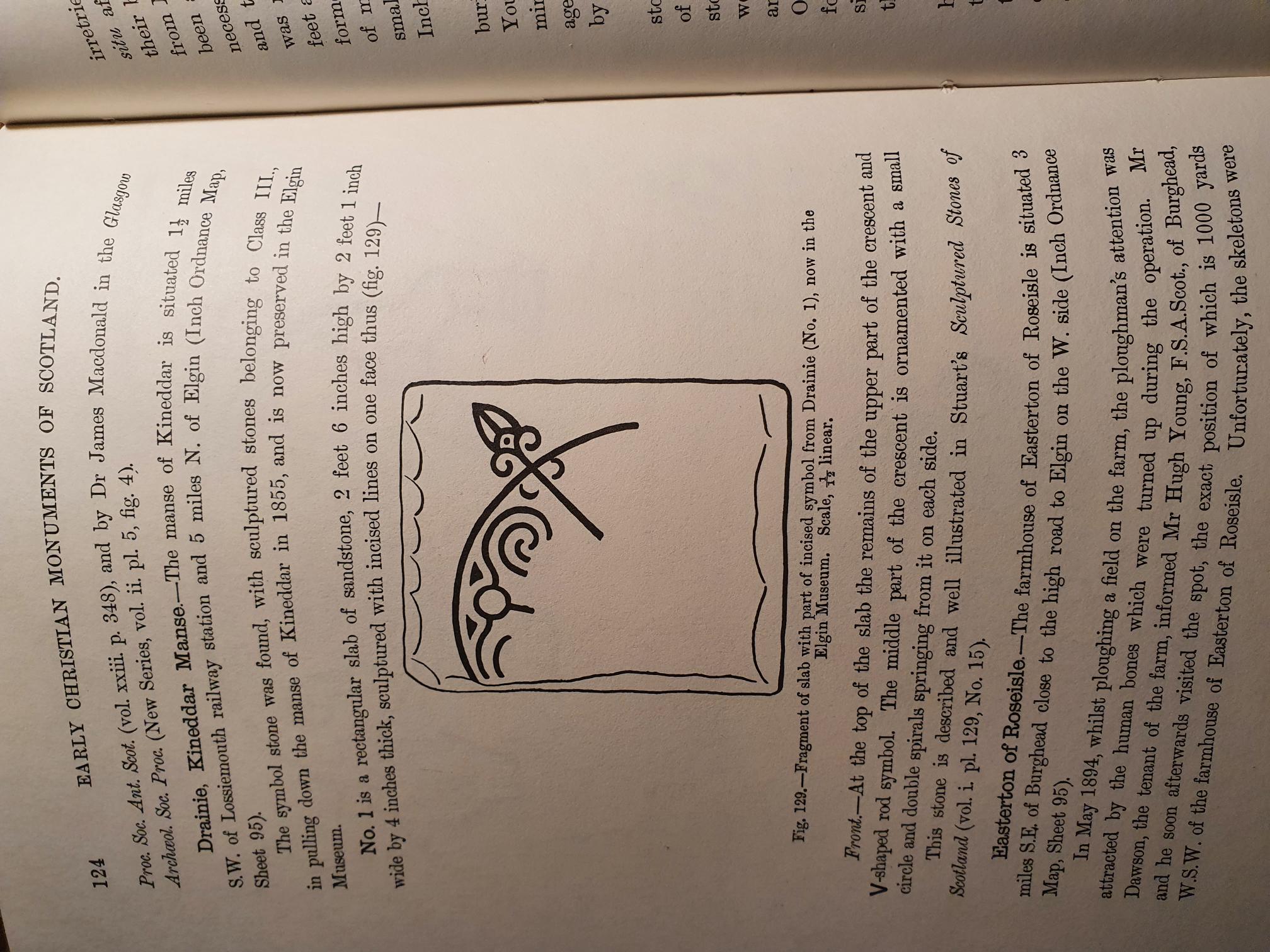Photo of a page in Allen and Anderson's The Early Christian Monuments of Scotland, with a drawing of the Class I Pictish symbol stone found at Kinneddar in 1855. It's the top portion of a crescent and v-rod symbol with internal decoration in the crescent and floriated end to the v-rod.