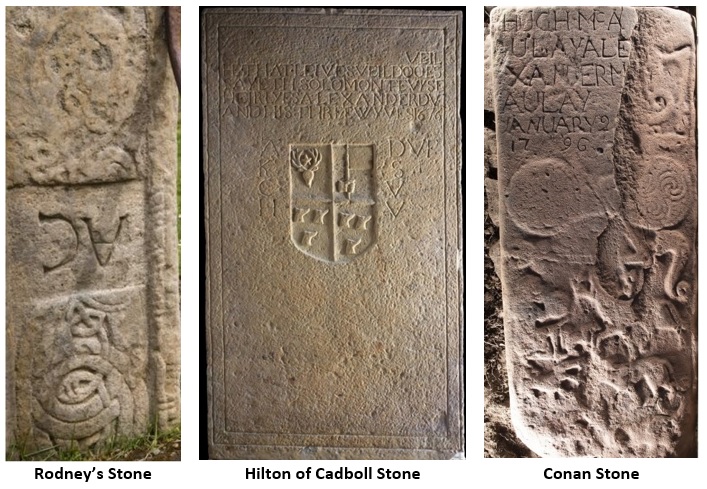 Three Class II Pictish symbol stones re-used as grave markers in the early modern period. They are Rodney's Stone, the Hilton of Cadboll cross slab and the Conan Stone from near Conon Bridge.