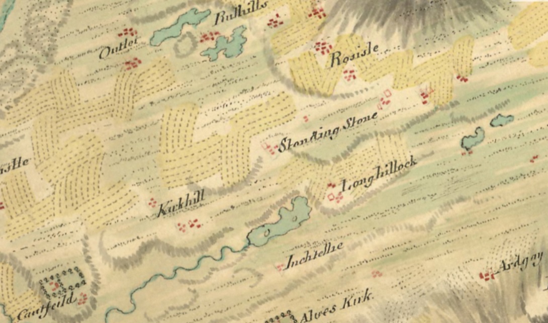 Roy’s 1750 map of the Roseisle area. Longhillock, Standing Stone and Kirkhill all appear as farm townships