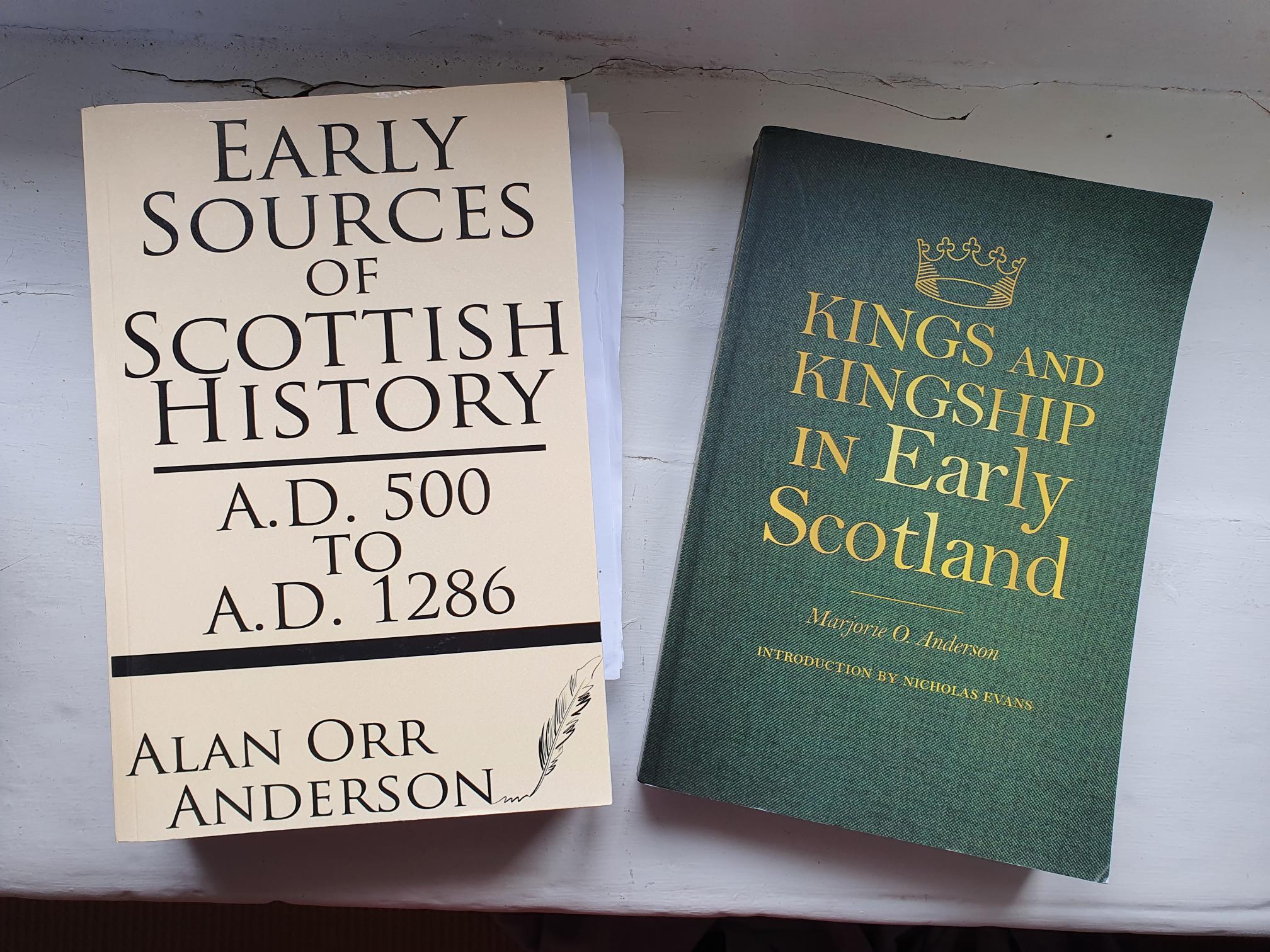 Photo of two reference books: Early Sources of Scottish History by Alan Orr Anderson, and Kings and Kingship in Early Scotland by Marjorie Orr Anderson