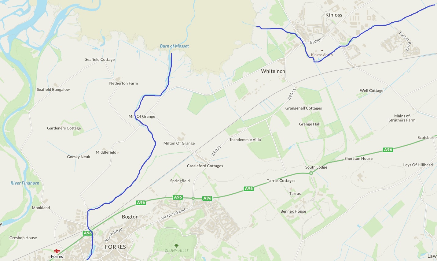 Map showing the modern-day courses of the Mosset Burn (left) and Kinloss Burn (right), as they enter Findhorn Bay.