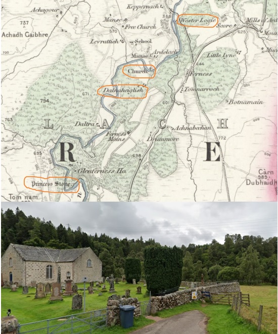 Detail from the 1876 Ordnance Survey map of Nairnshire, showing Dalnaheiglish opposite the church of Ardclach. The photo below is Ardclach church looking across the Findhorn to Dalnaheiglish Wood. (National Library of Scotland, Google)