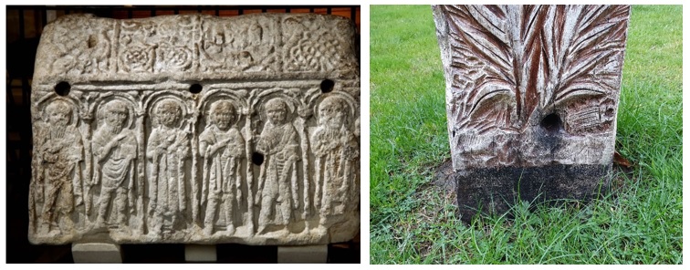 The Hedda Stone, with four holes whose purpose is unknown. (Right) The hole at the base of the west face of the Penryn Pillar