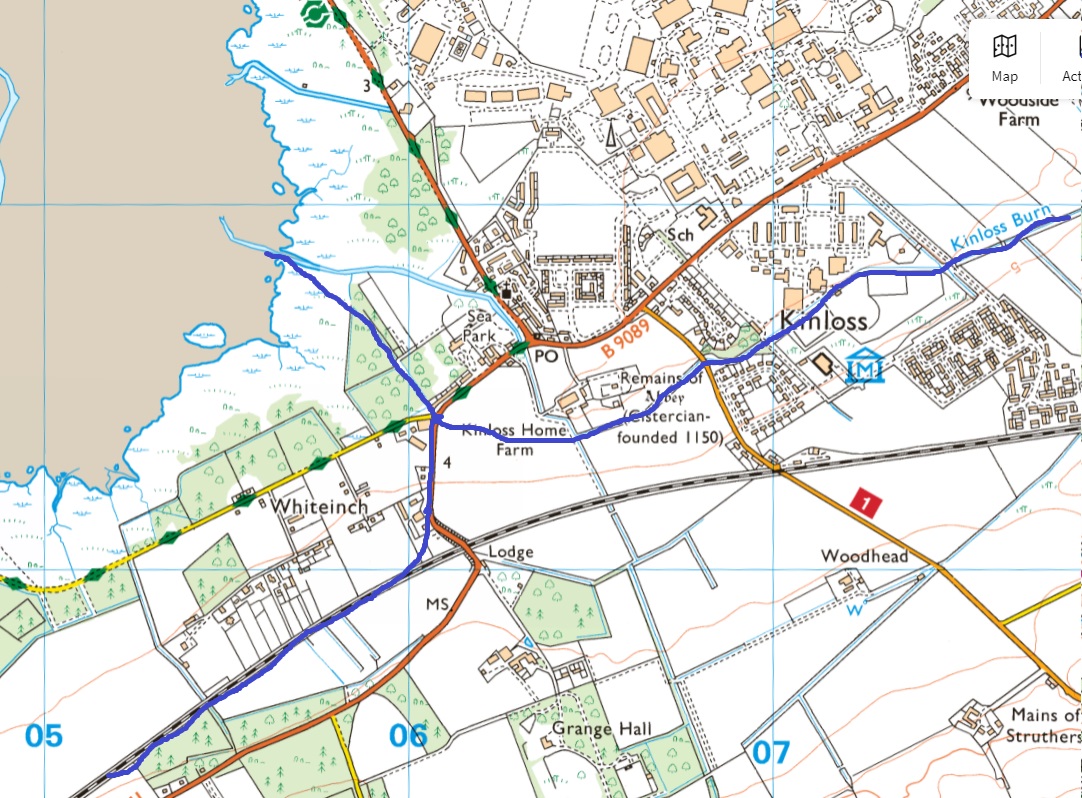 Map showing the possible confluence of the two burns near Sea Park in Kinloss