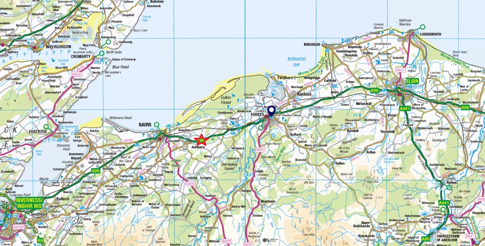 Map of the western portion of the Moray Firth coast and hinterland, showing the location of Auldearn in Nairnshire