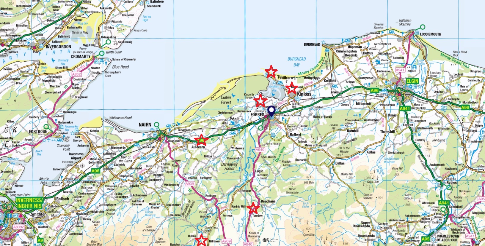 The same map as above, with more of the 'Ireland' themed place-names identified by Watson indicated with red stars. 
