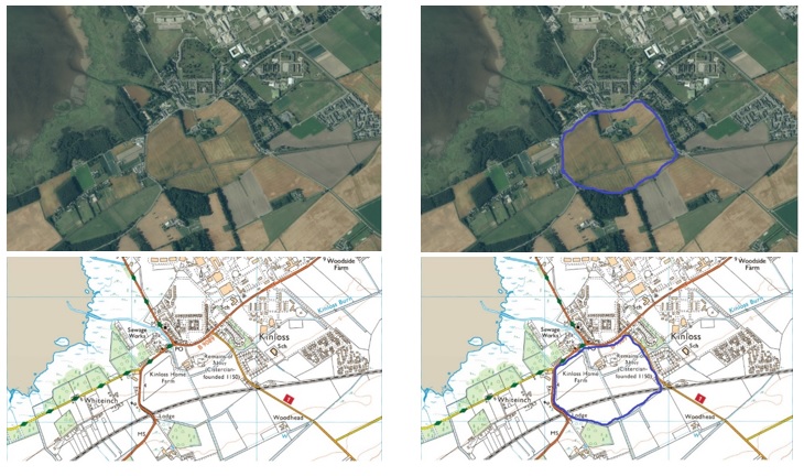 Aerial view and maps showing the outline of a large enclosure (?) around Kinloss Abbey