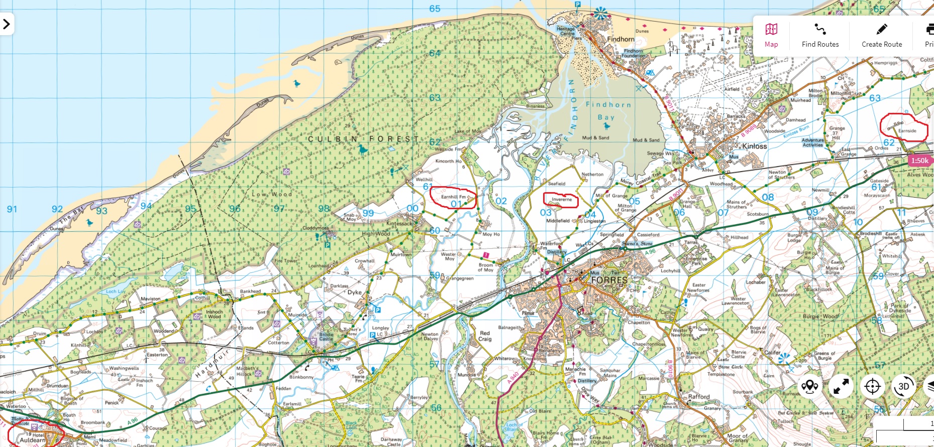 Map showing ‘Earn’ place-names in Moray and Nairnshire, with Auldearn circled at extreme left and Earnside at extreme right