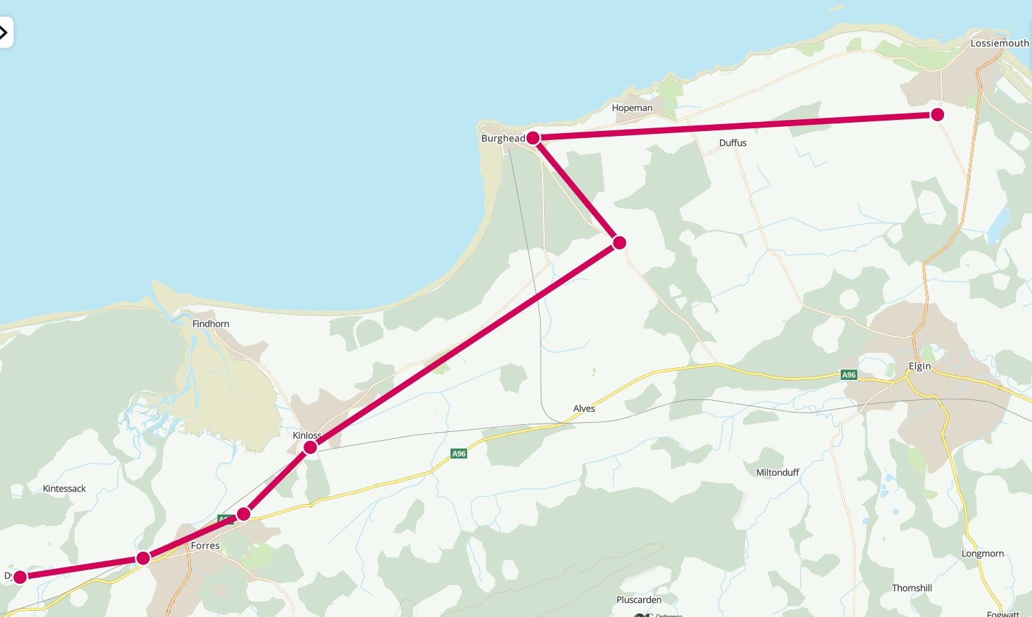Map showing a possible continuation of the above early medieval routeway, heading eastwards from Dyke to Burghead and Kinneddar